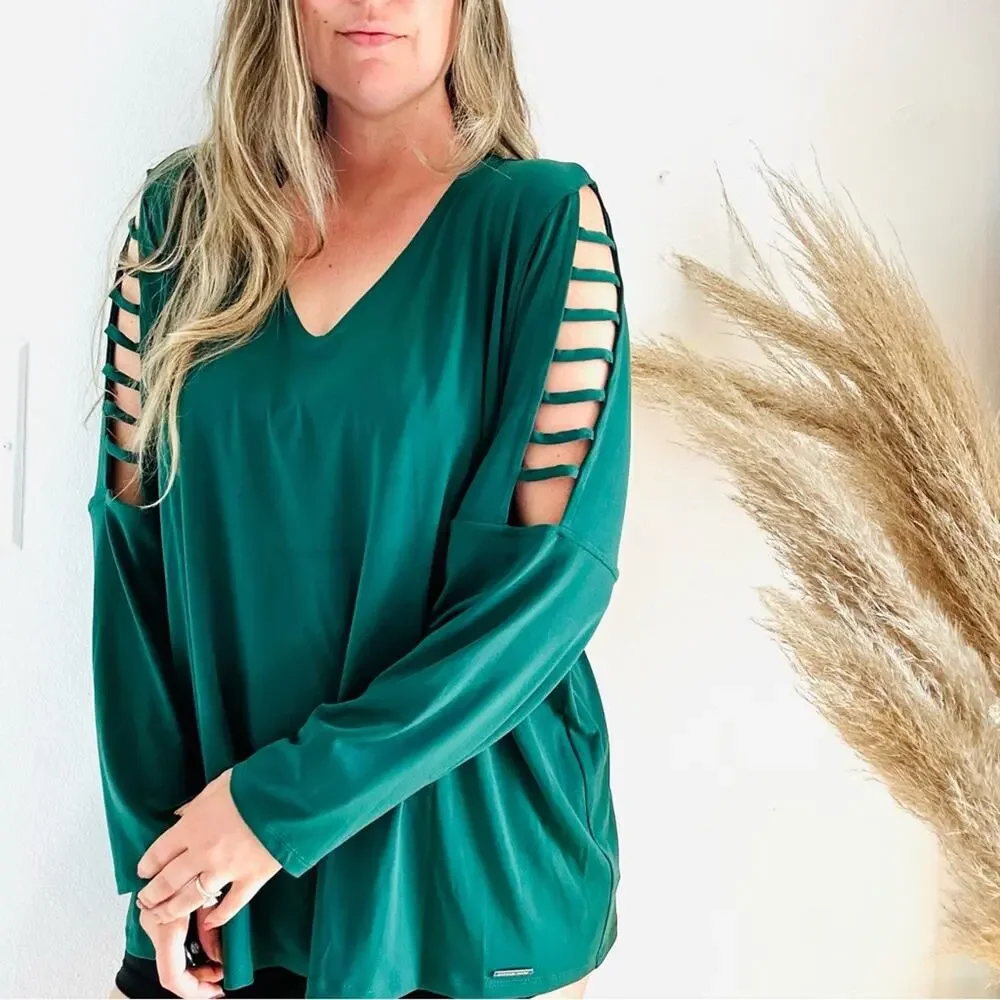 MICHAEL KORS Emerald Green Square Cutout Long Sleeve Tunic Blouse Top Shirt 3X